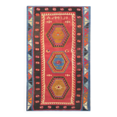 Tapis kilim turc des années 1940, petit médaillon en laine tissé à plat 75 x 130 cm