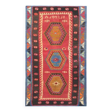 1940s Turkish Kilim Rug, Small Wool Medallion Flatweave 75 x 130 cm