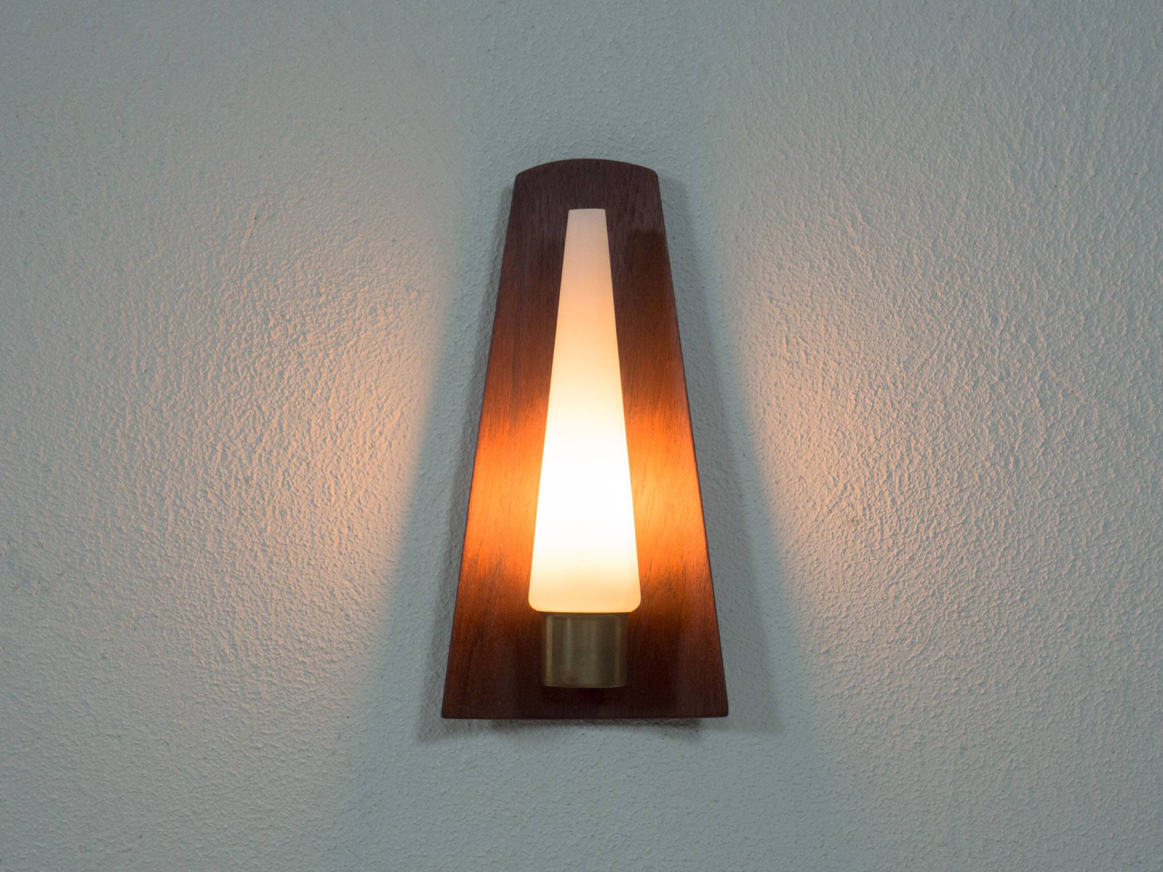 Vintage Danish teak, brass and opaline glass wall lamp