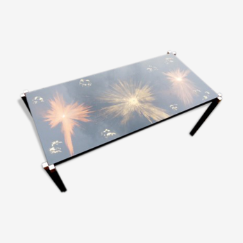 Table basse plateau verre décor peinture aérographe