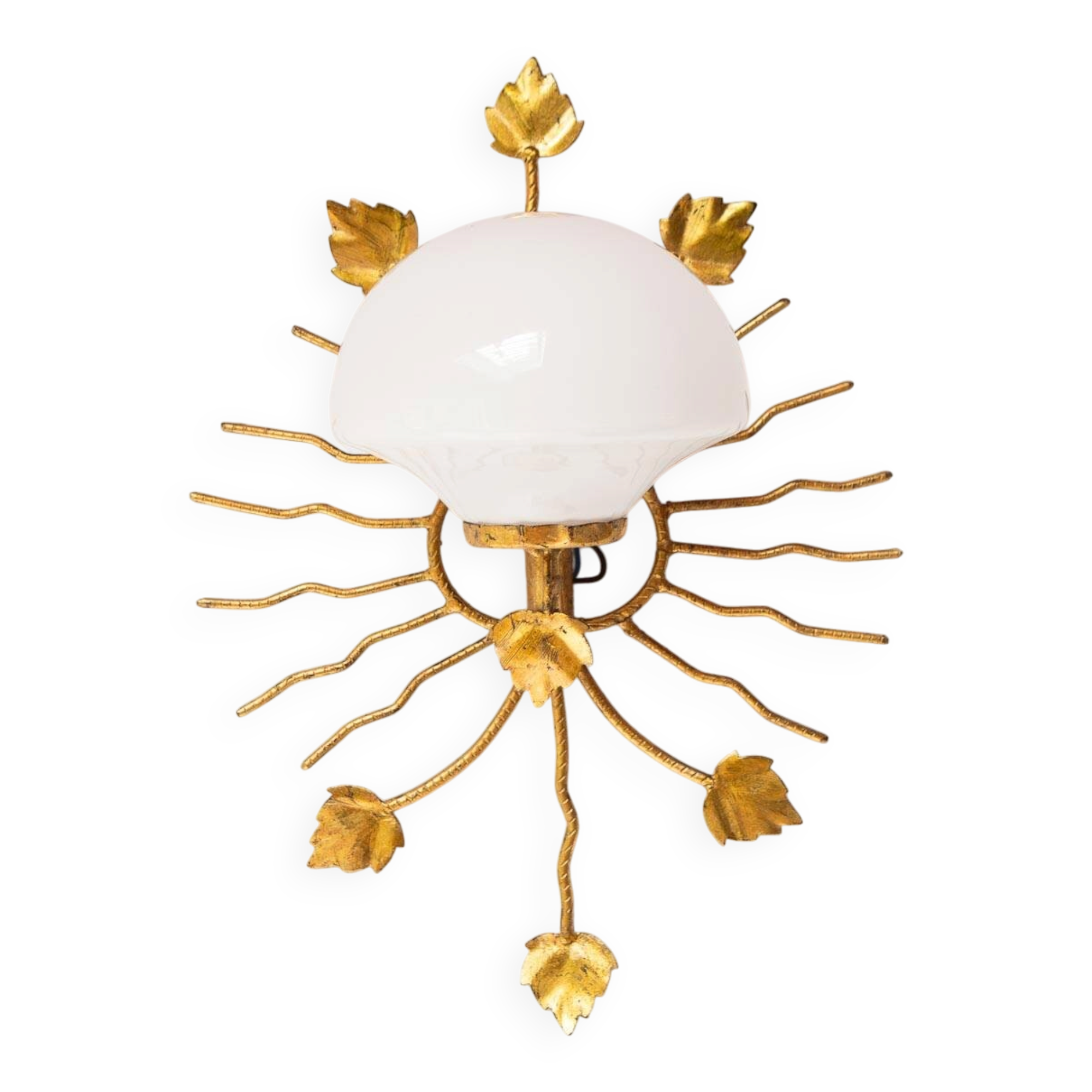 Applique mural italienne métal doré tulipe blanche et feuilles, vers 1970