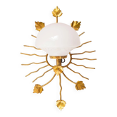 Applique mural italienne métal doré tulipe blanche et feuilles, vers 1970
