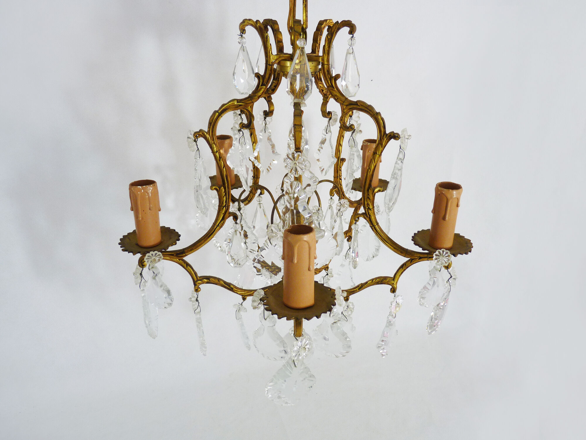 Bronze cage chandelier and glass stamps, at 5 lights. Year 50 60