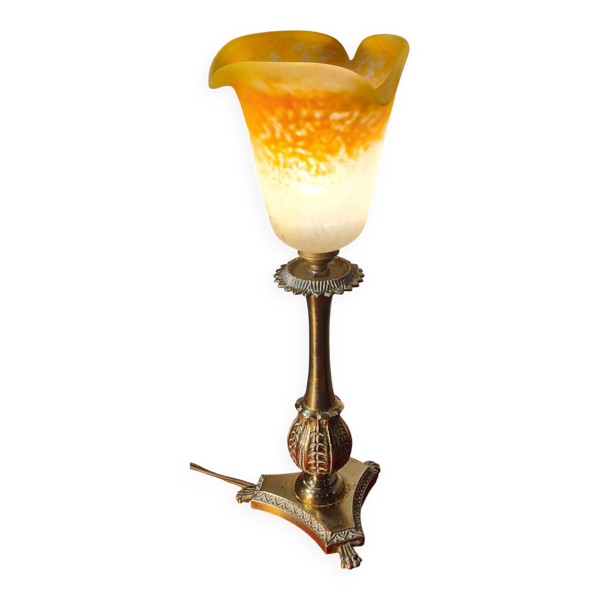 Lampe bronze art ancien Napoléon 3 tres jolie tulipe en pate verre non signé