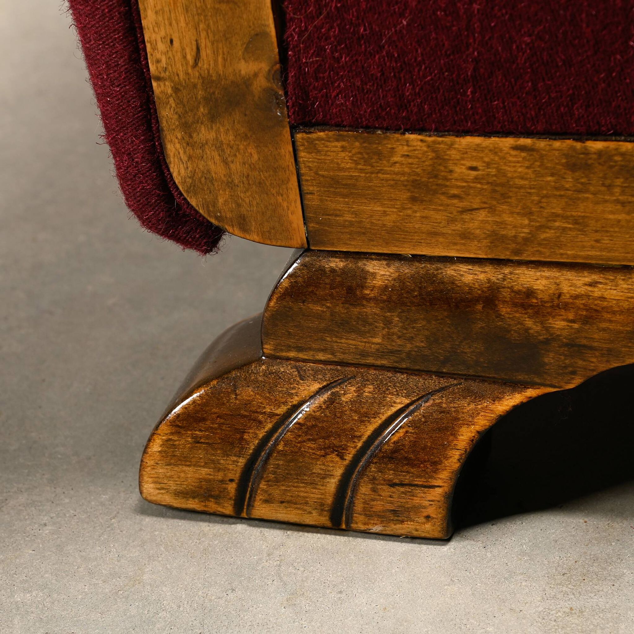 Pair Danish cabinetmaker Art Deco Armchairs in burgundy wool fabric