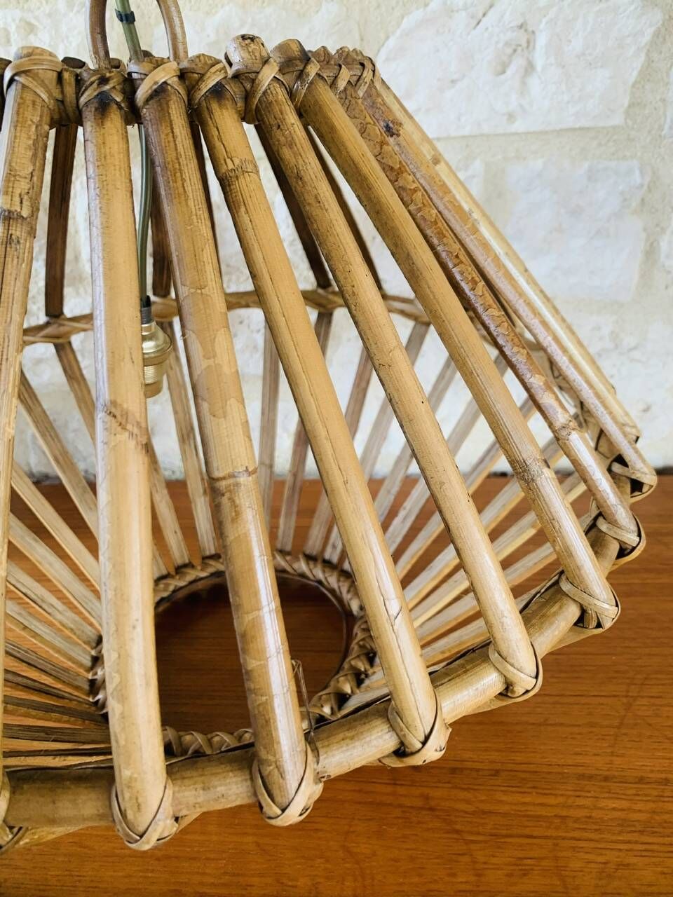 Large vintage pendant light in bamboo and rattan, circa 1960's