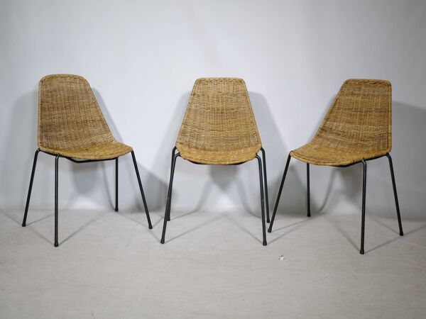 3 chaises par Franco Legler en osier et métal, années 1960
