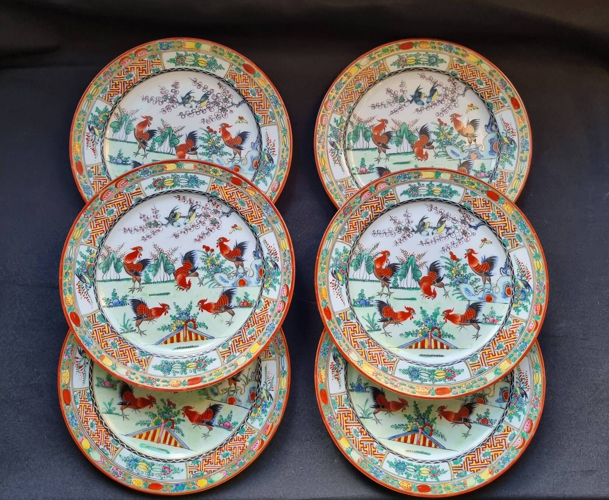 Set of 6 vintage Chinese porcelain plates from Macau (1970) hand painted