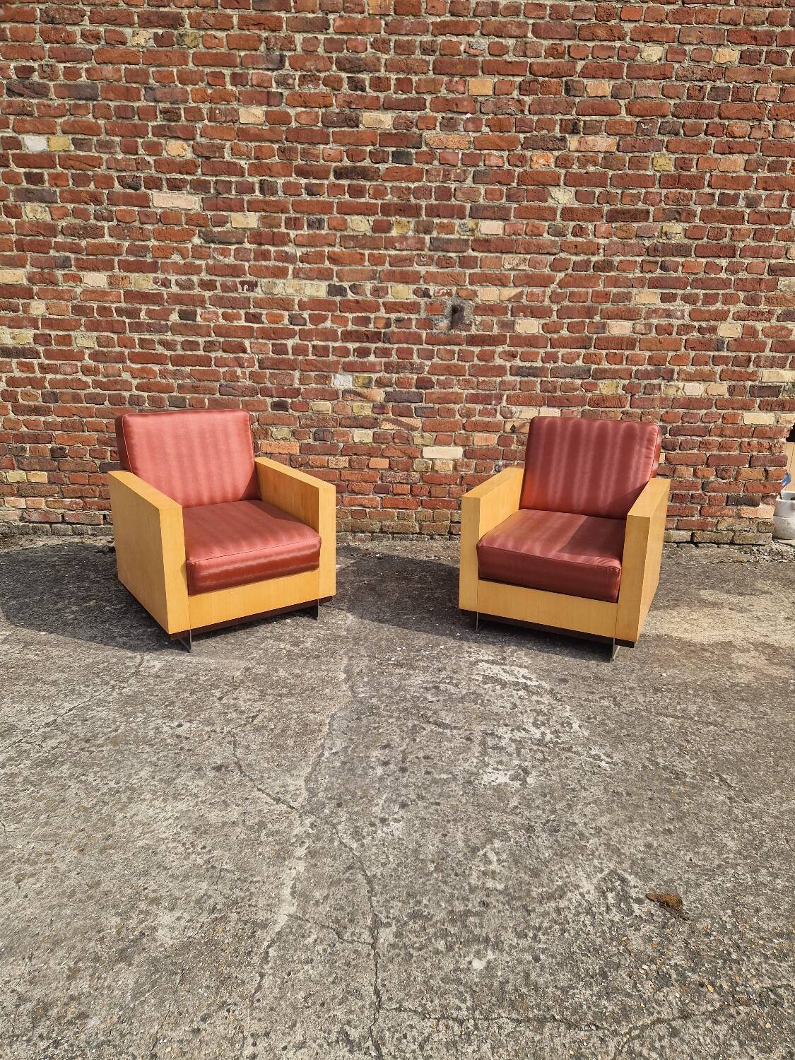 Pair of Art Deco style lemon veneer armchairs, 1970s