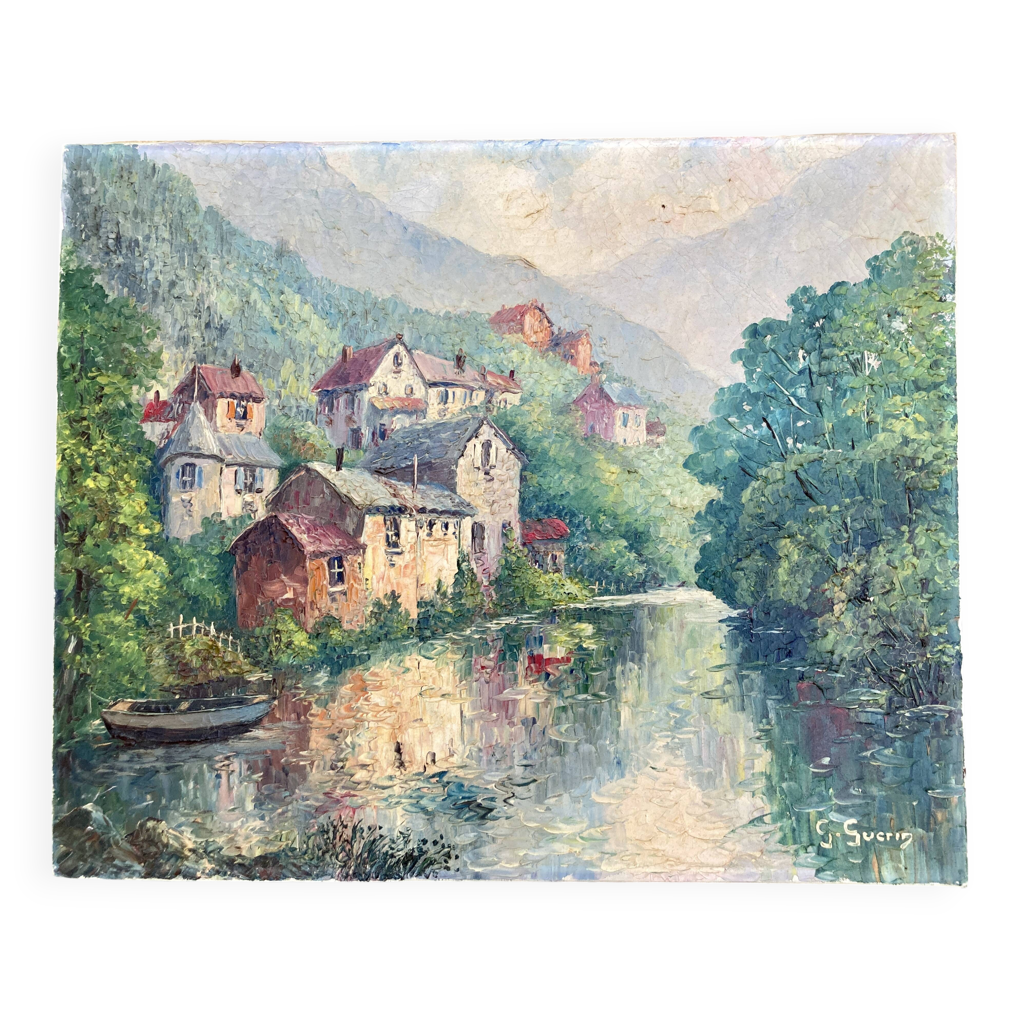 Ancient painting - View of Chateauneuf les Bains - Puy de Dôme - Auvergne