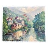 Ancient painting - View of Chateauneuf les Bains - Puy de Dôme - Auvergne