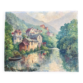 Ancient painting - View of Chateauneuf les Bains - Puy de Dôme - Auvergne
