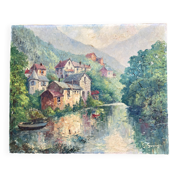 Tableau ancien - Vue sur Chateauneuf les bains - Puy de Dôme - Auvergne