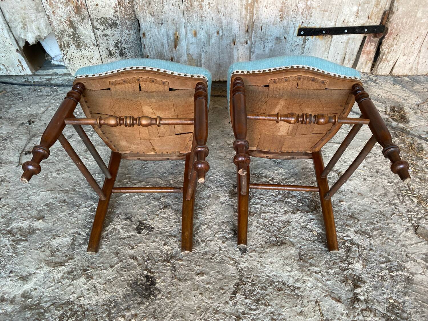 Pair of antique louis philippe chairs wood + blue vintage fabric seat