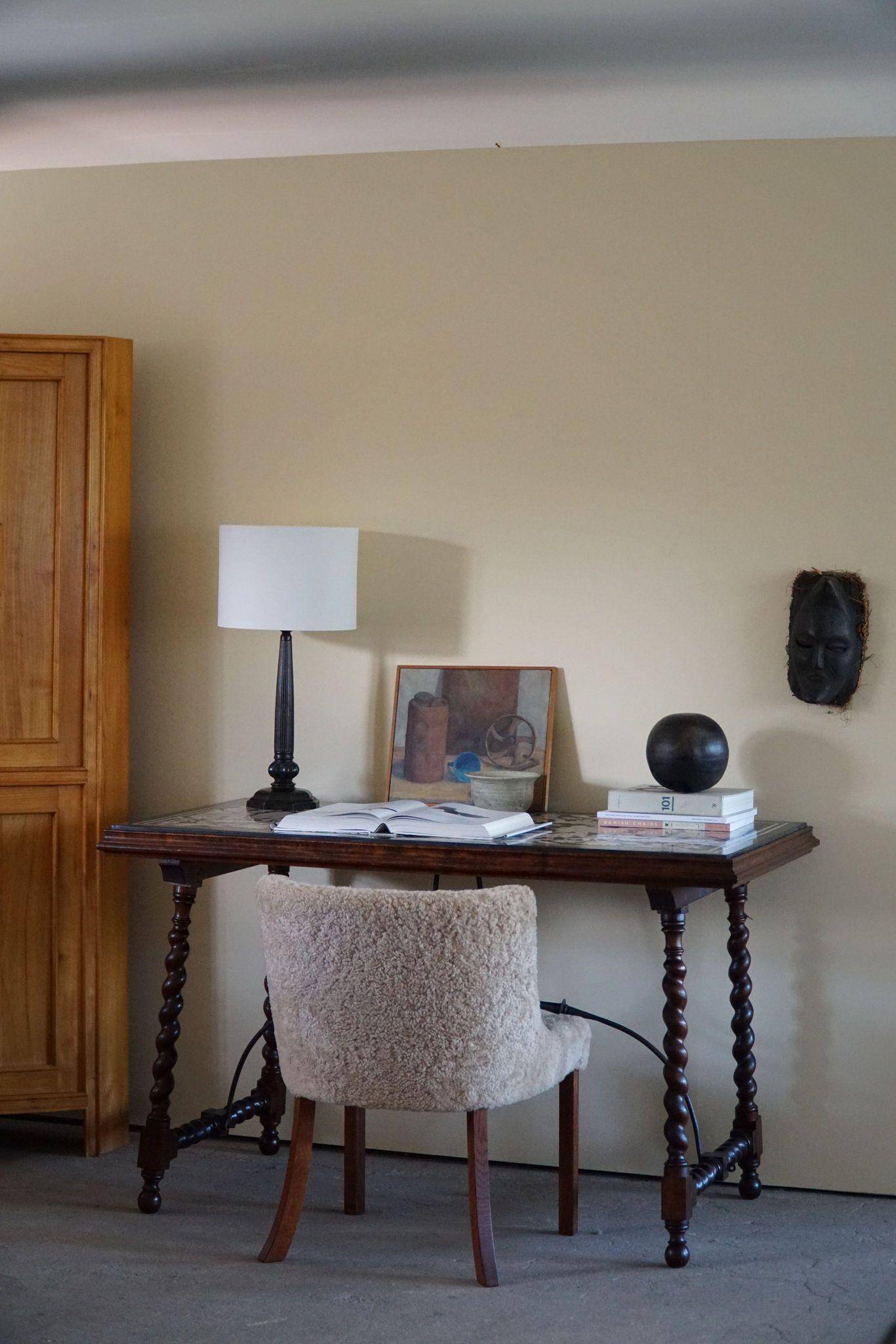 Antique Italian desk table, walnut and marble, Naples, 19th century.