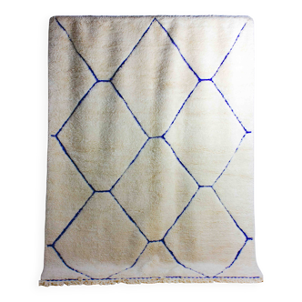 Vintage berber rug in ivory and blue wool