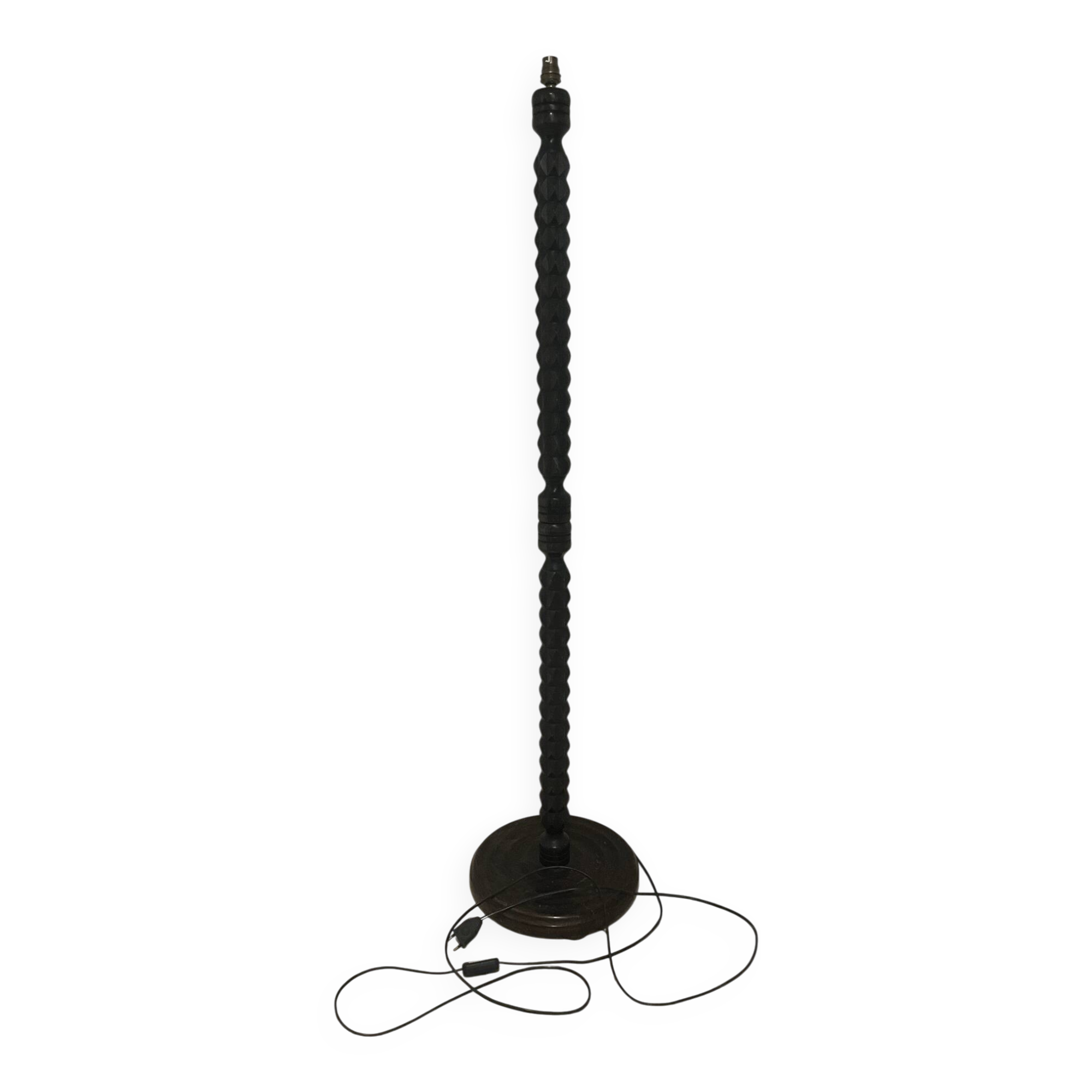 Vintage turned carved wooden floor lamp — Brutalist / Rustic style