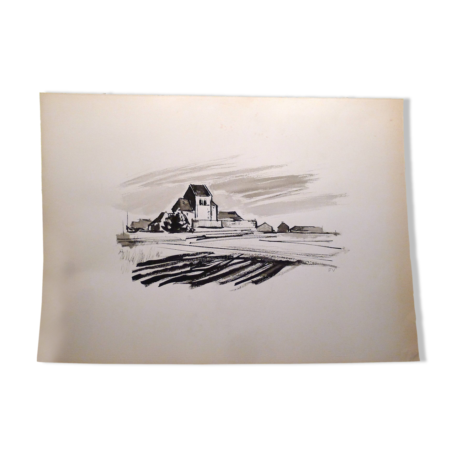 Original drawing in black chalk by Jean Villette (1913-2005)