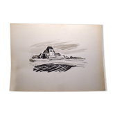 Dessin original à la pierre noire par Jean Villette (1913-2005)