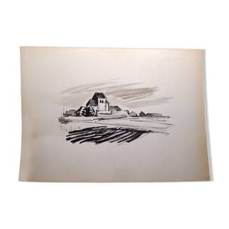 Dessin original à la pierre noire par Jean Villette (1913-2005)