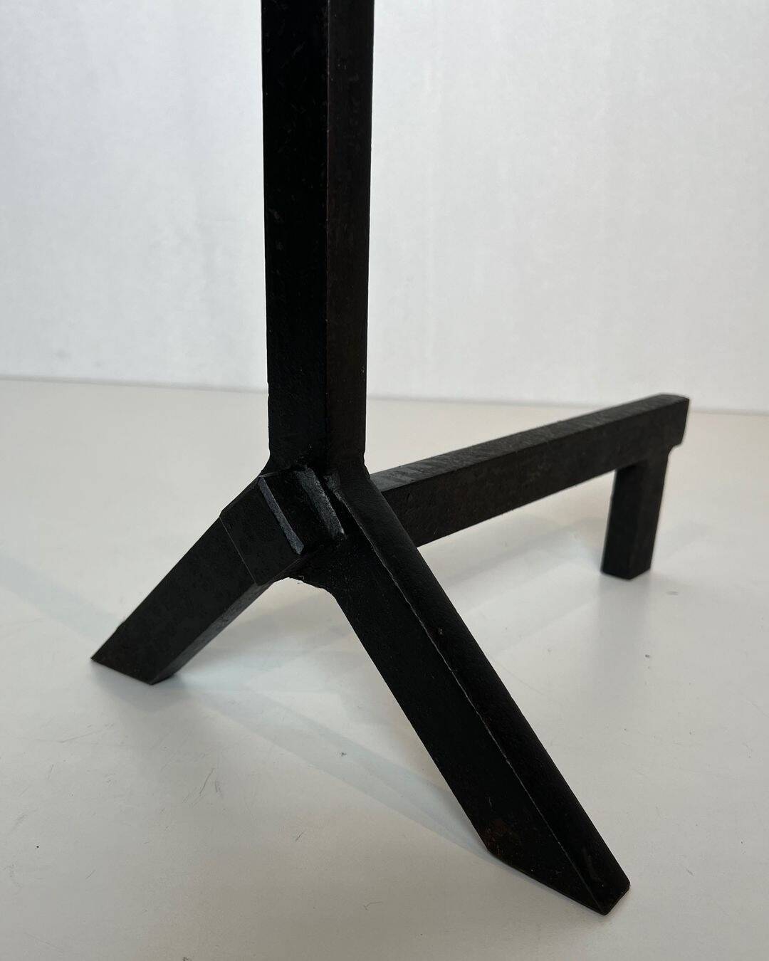 Pair of Modernist Black Iron Andirons with Diamond Finials and Angled Bases