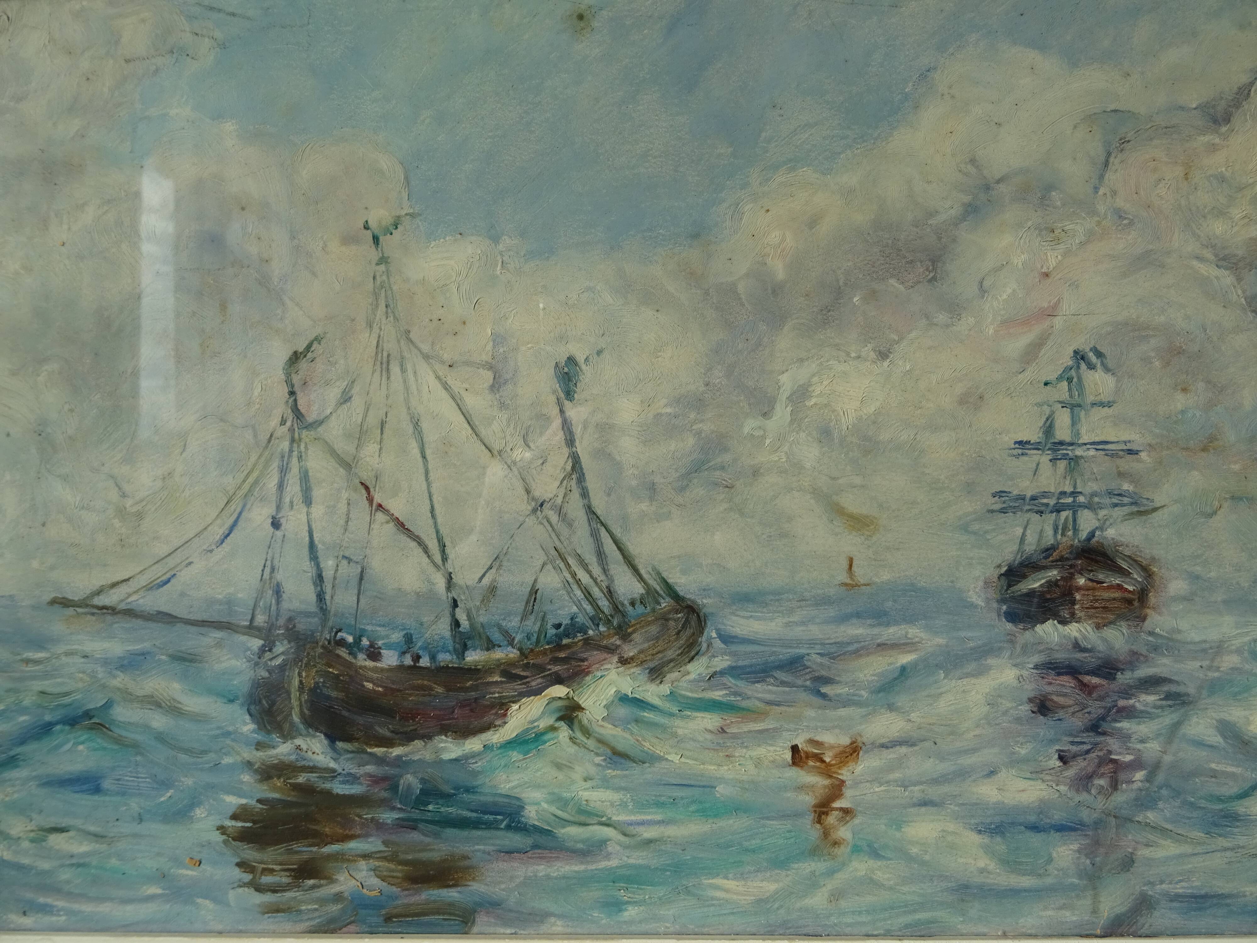 Old painting boat at sea signed
