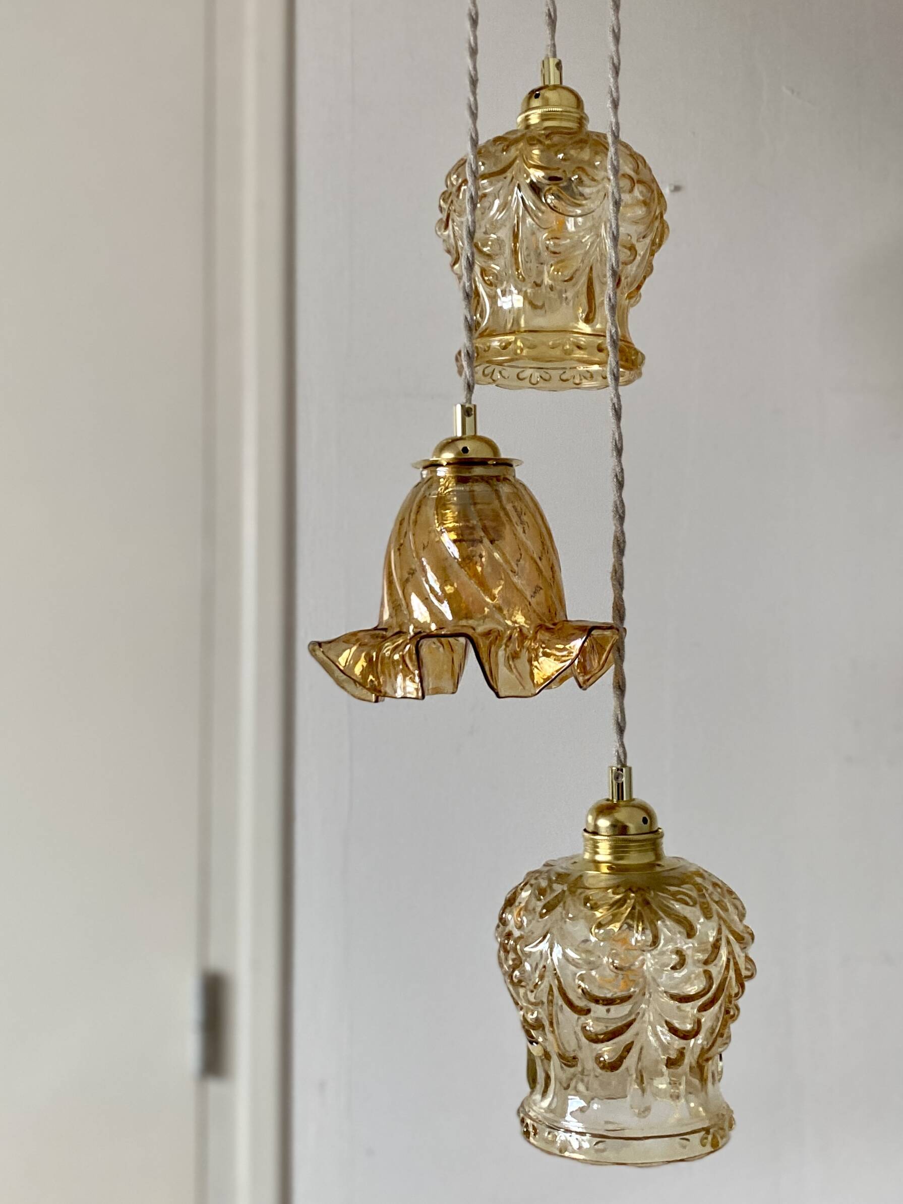 Vintage triple globe waterfall pendant light in amber glass