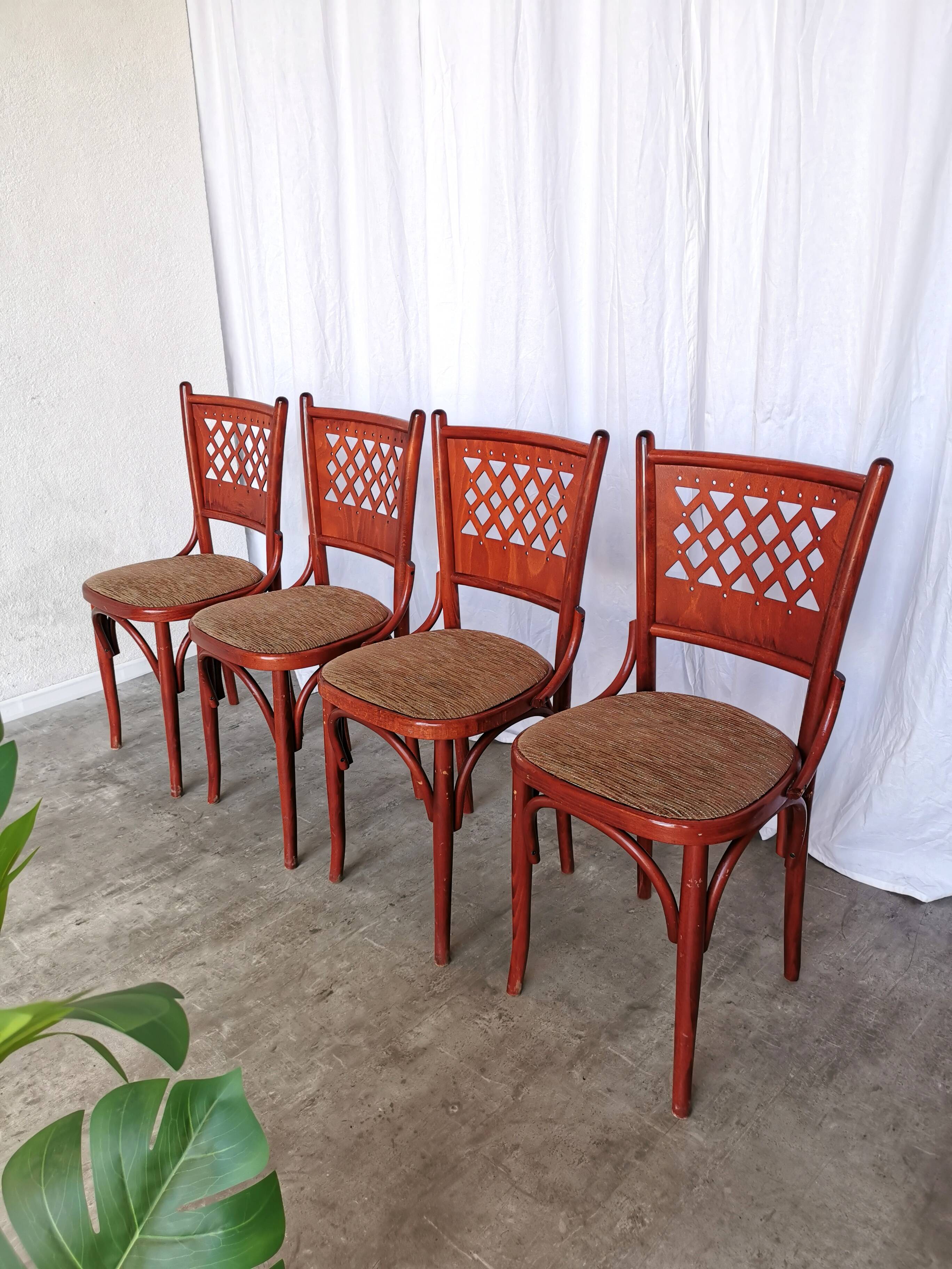 Vintage Italian Bistro Chairs - 1980s Reddish Wood, Brown Fabric - Set of 4