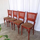Vintage Italian Bistro Chairs - 1980s Reddish Wood, Brown Fabric - Set of 4