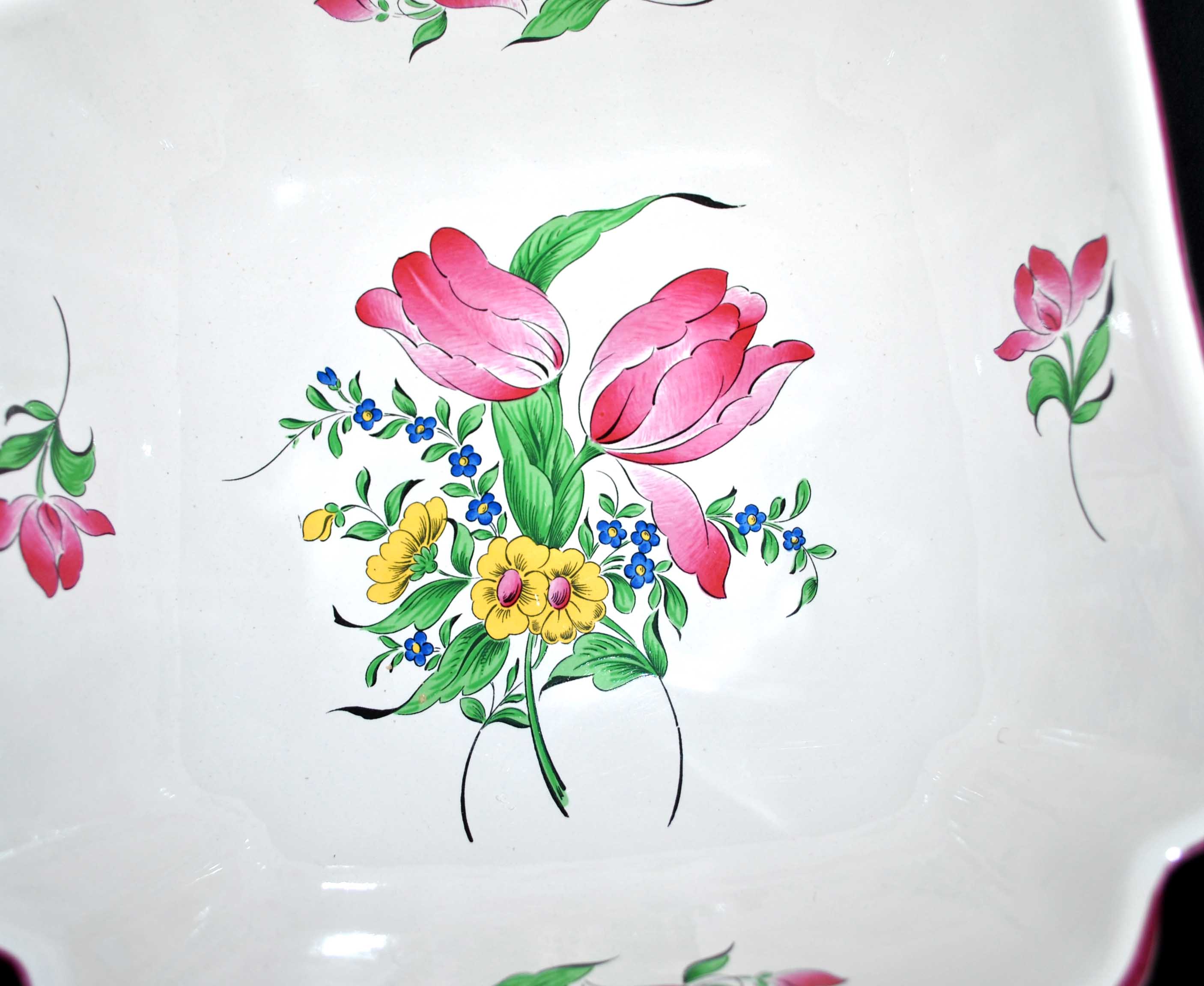 Salad bowl square cut floral vintage earthenware KG LUNEVILLE model Lamppost polychrome