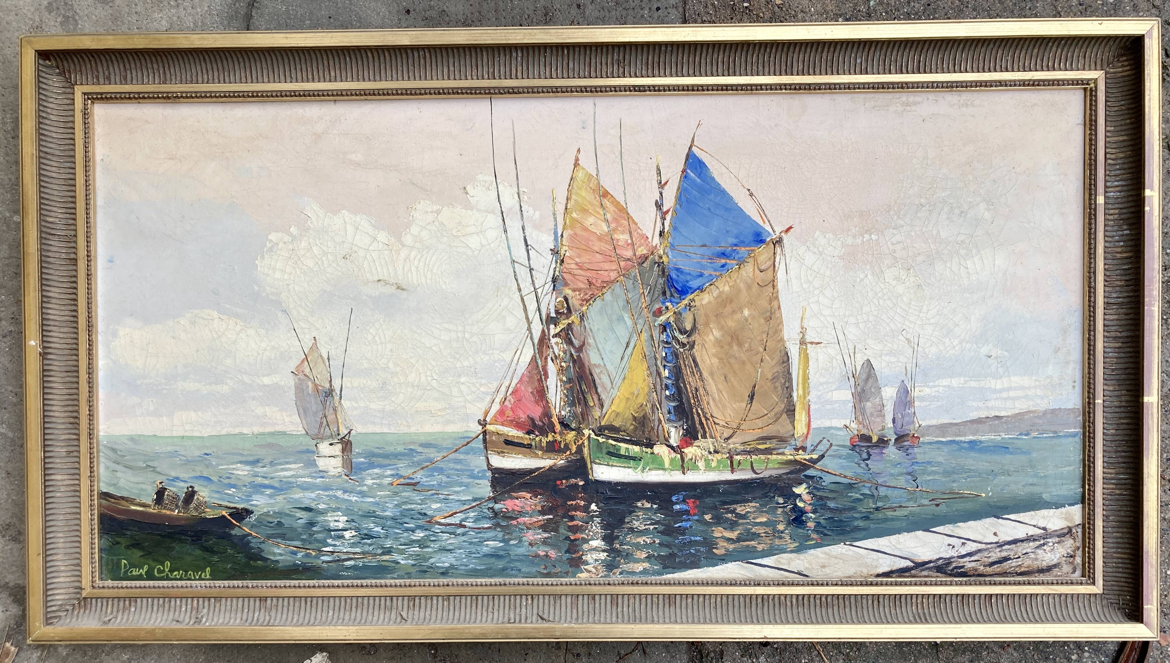 Grand tableau ancien :  Les voiliers de pêche au mouillage