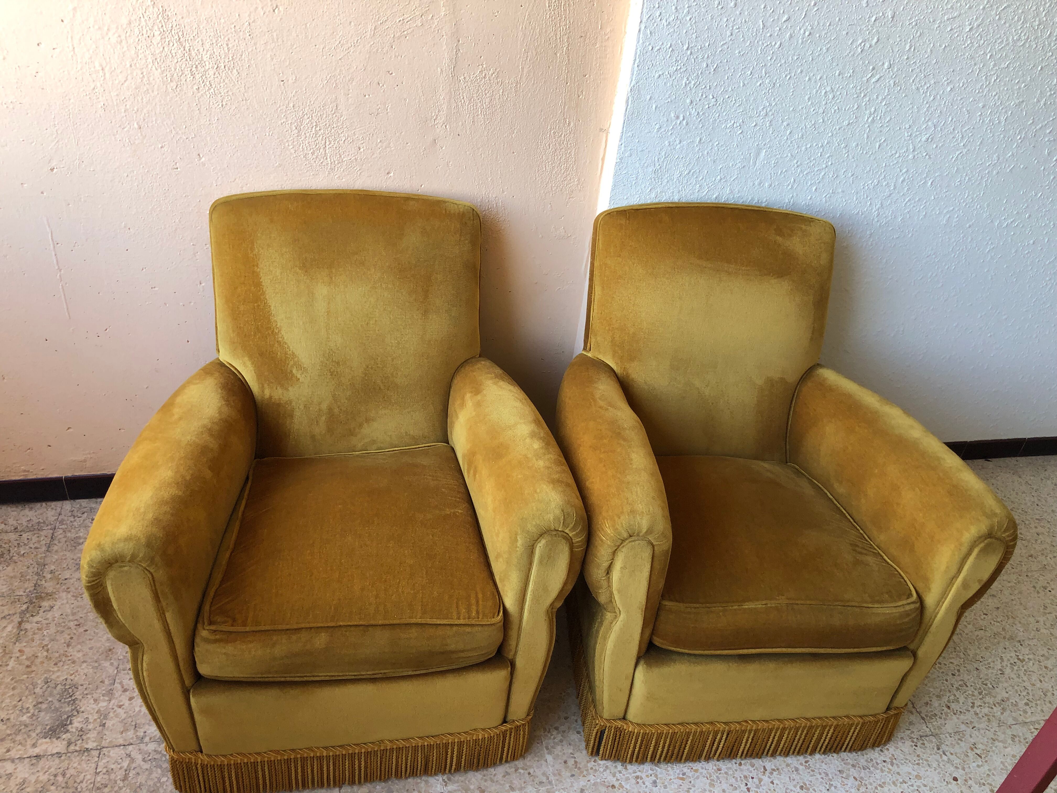Pair of vintage yellow velvet armchairs