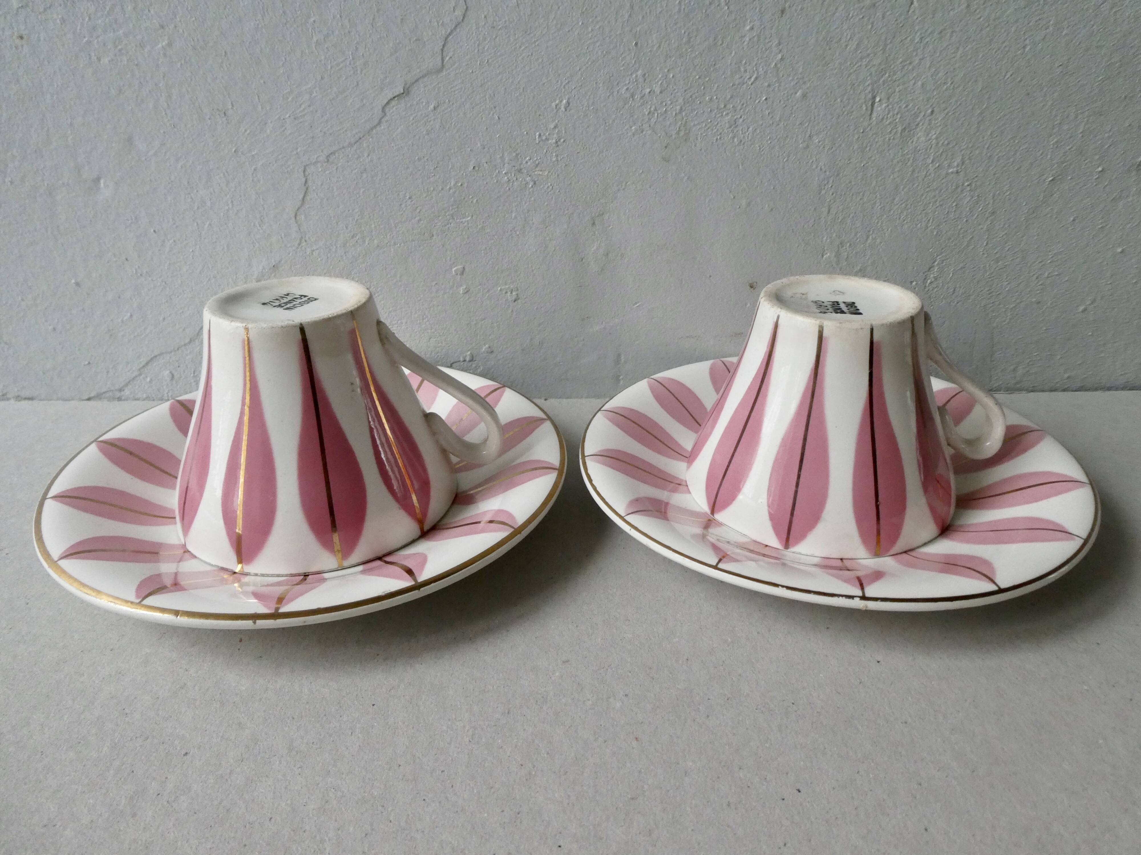 2 coffee set, Digoin, pink leaf décor, 60s