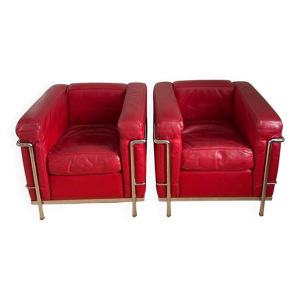 2 fauteuils LC2 Le Corbusier rouge Cassina