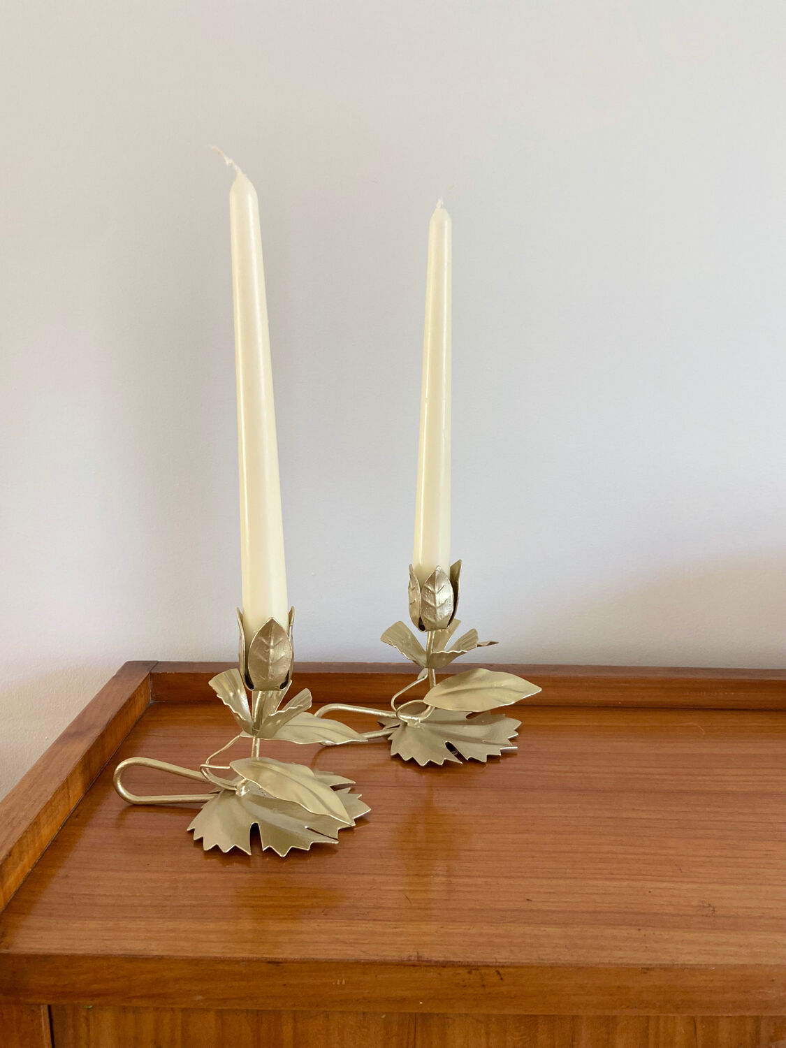 Pair of vintage flower candle holders in gold painted metal