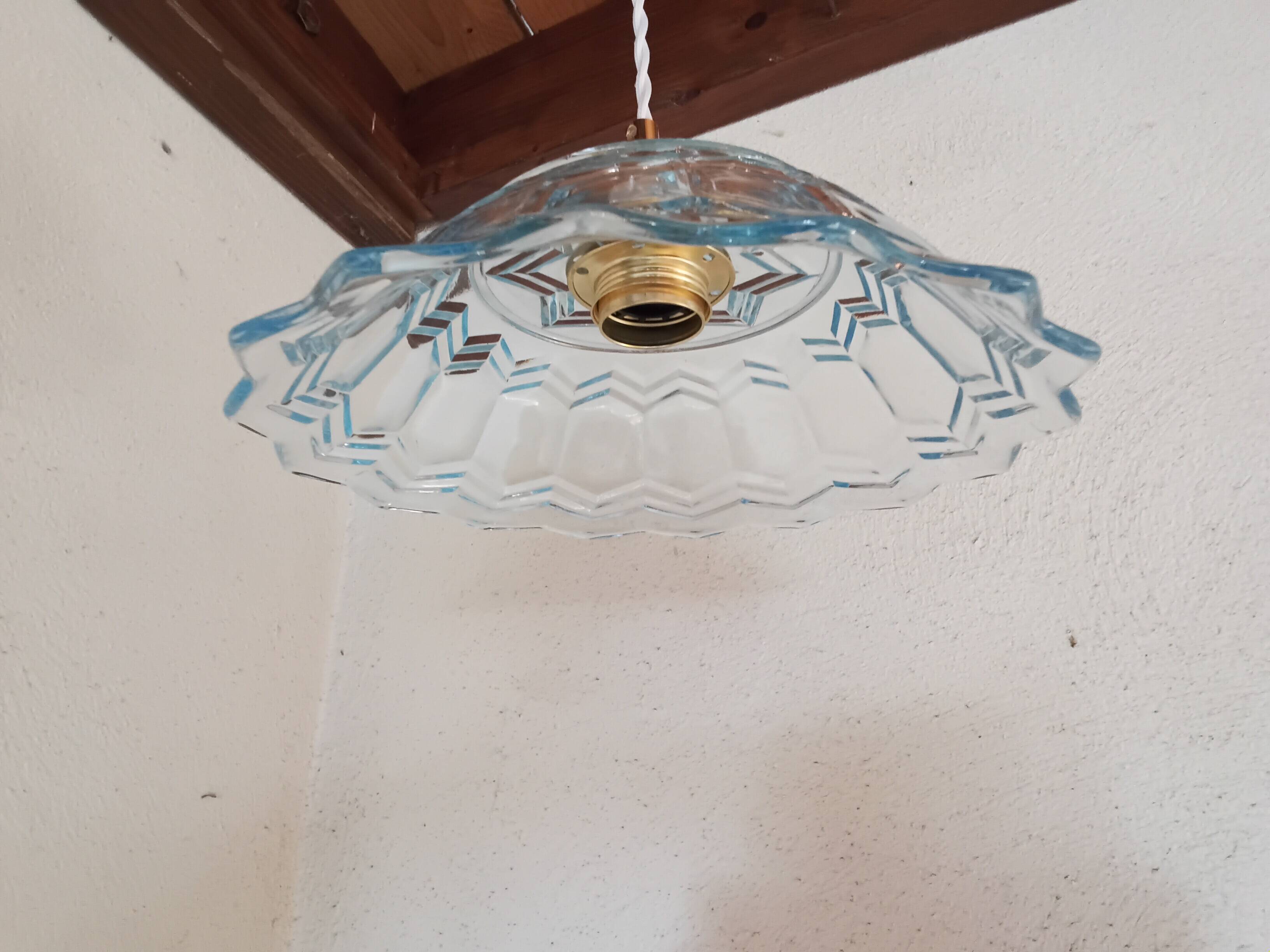 Vintage pendant light in blue chiseled glass