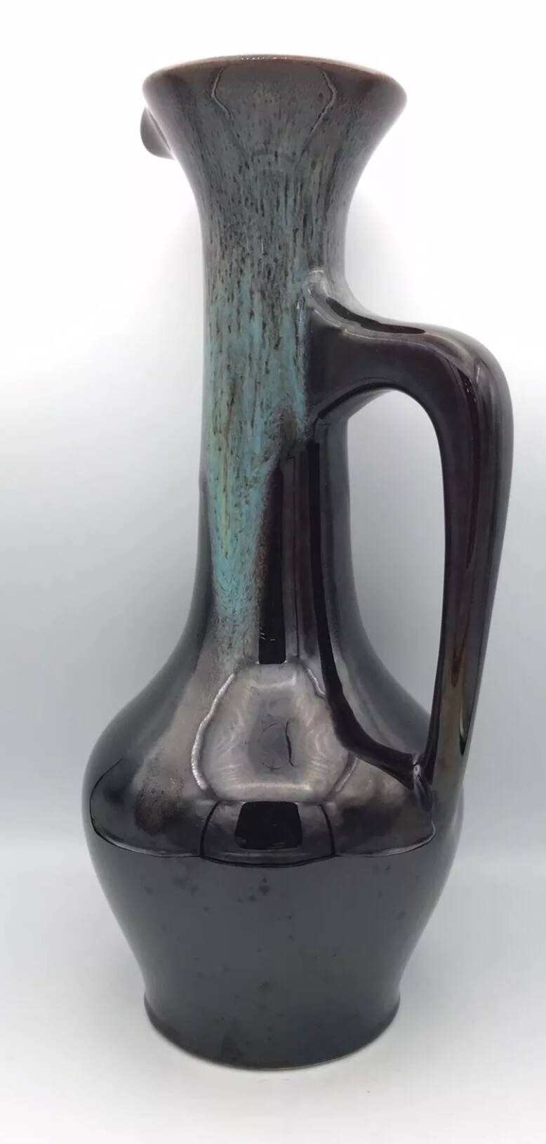 Large vase in glazed ceramic stoneware flamed effect brown and turquoise 35.5 cm