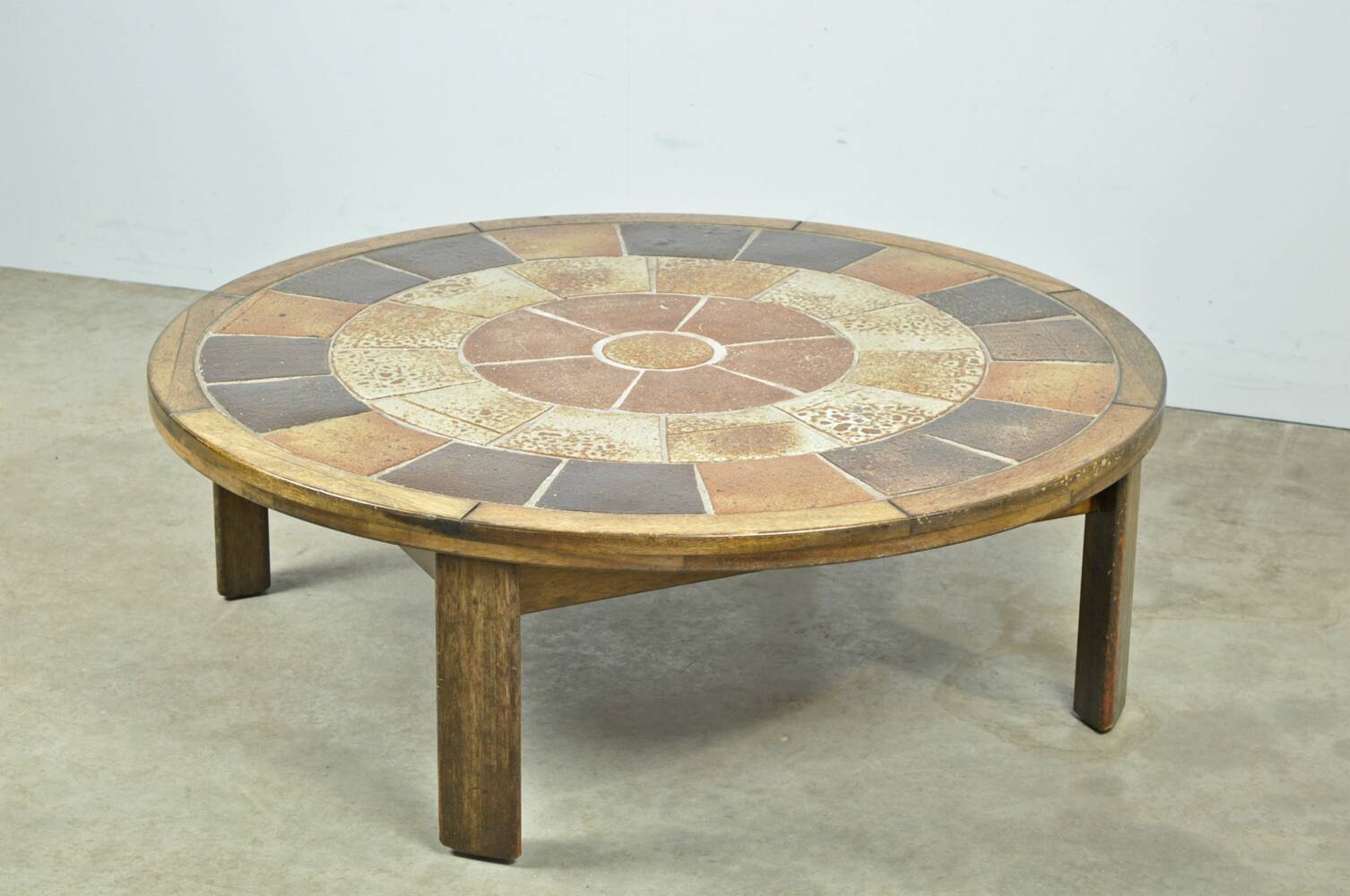 Vintage round coffee table with ceramic tiles by Danish artist TUE POULSEN,