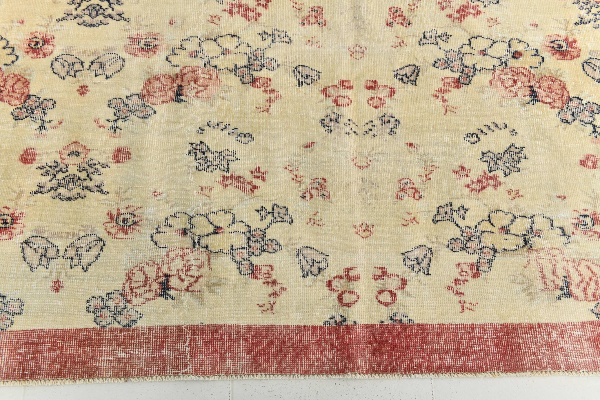 7x9 Yellow & Burgundy Floral Turkish Vintage Rug, 216x281Cm