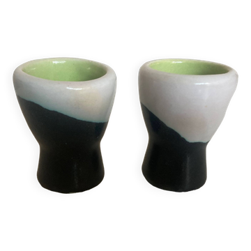 pair of egg cups Vallauris 1960 green lined
