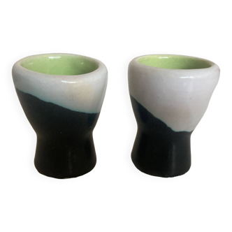 pair of green lined Vallauris 196O egg cups