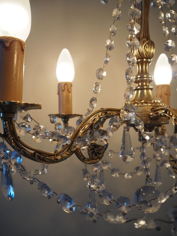 Lustre en bronze et pampilles en cristal – 5 feux