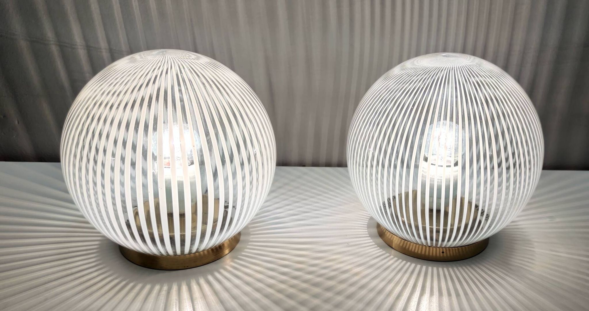 Pair of Vintage Spheric Murano Glass and Brass Table Lamps by Venini, Italy
