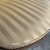 DeCoene antique wood writing desk with beige striped upholstered chair, brass-accented classic set