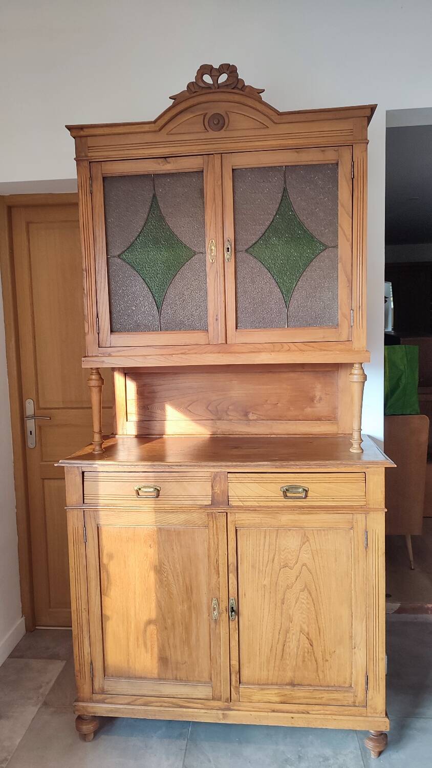 2-part wooden and stained-glass sideboard