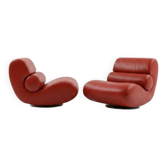 Pair of Swivel Armchairs in Red Leather, Roche Bobois - 1970s/80s