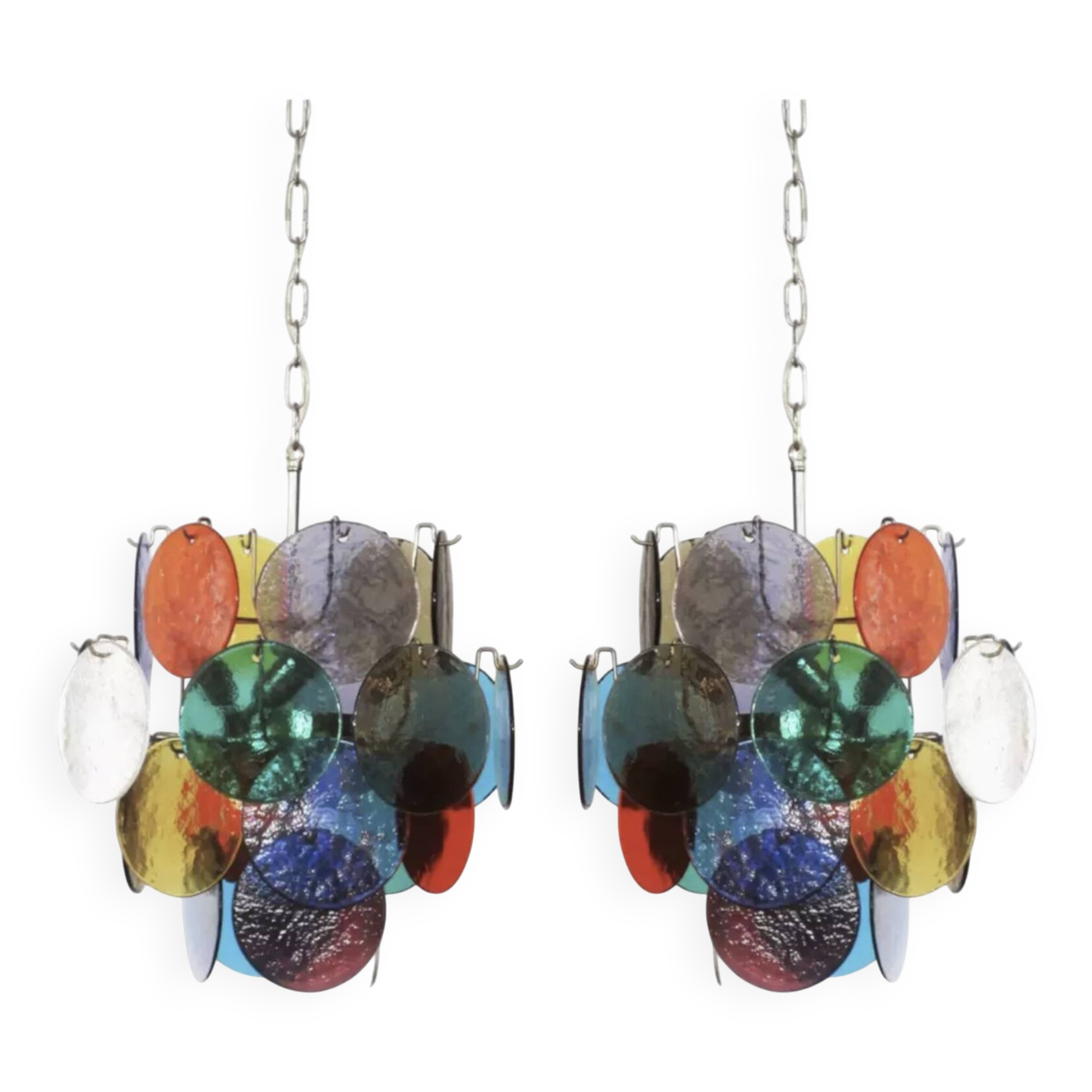 Pair of 4-light hanging chandeliers in Murano glass, Italy, 1980s.