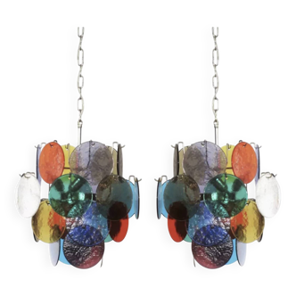 Pair of 4-light hanging chandeliers in Murano glass, Italy, 1980s.