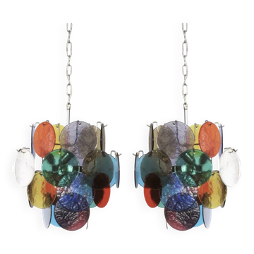 Pair of 4-light hanging chandeliers in Murano glass, Italy, 1980s.