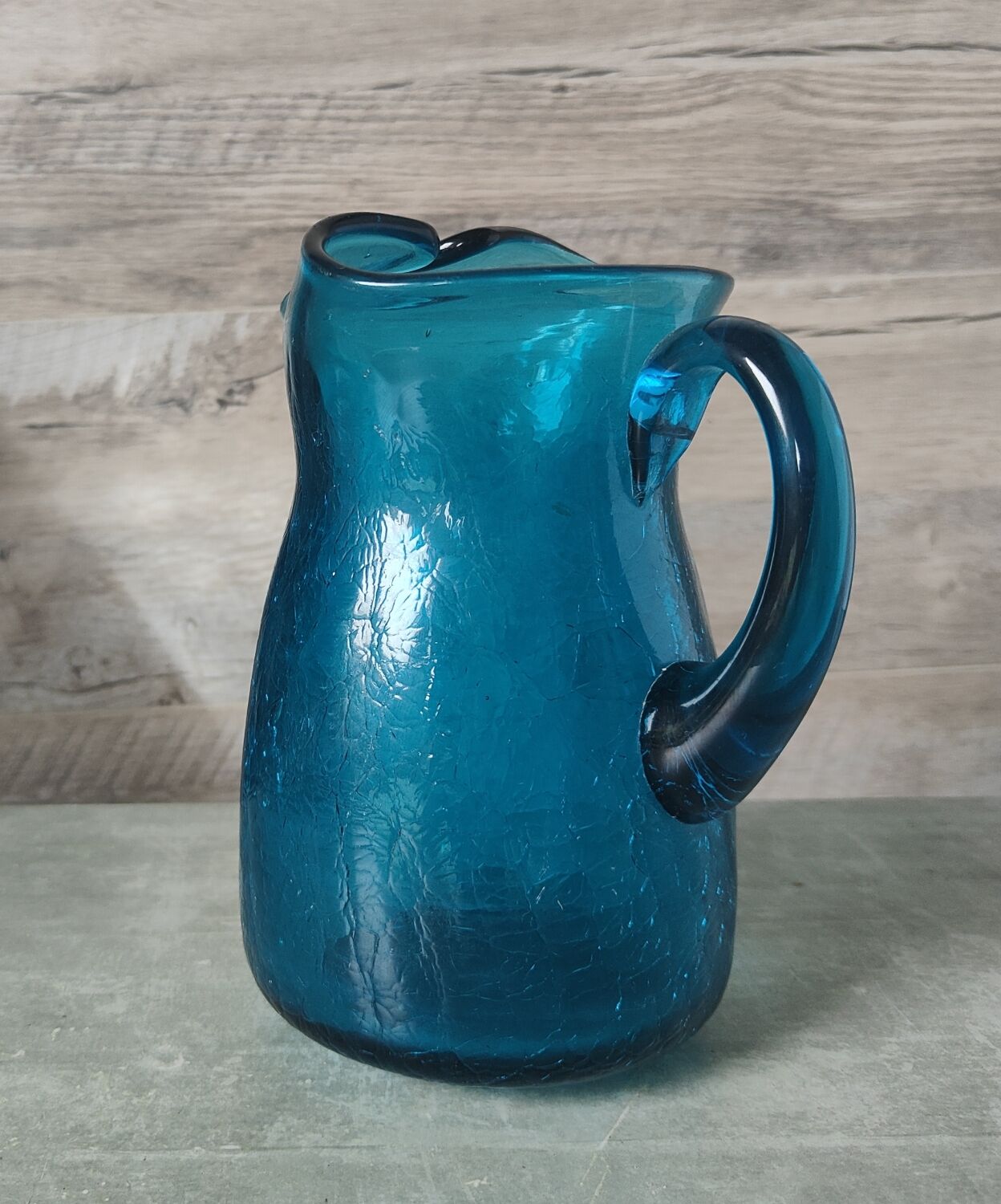 Blue cracked glass pitcher